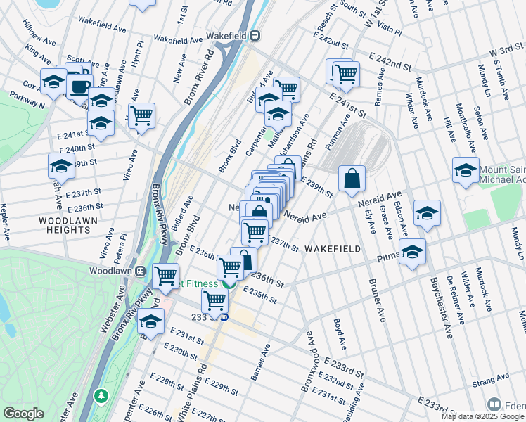 map of restaurants, bars, coffee shops, grocery stores, and more near 665 East 238th Street in Bronx
