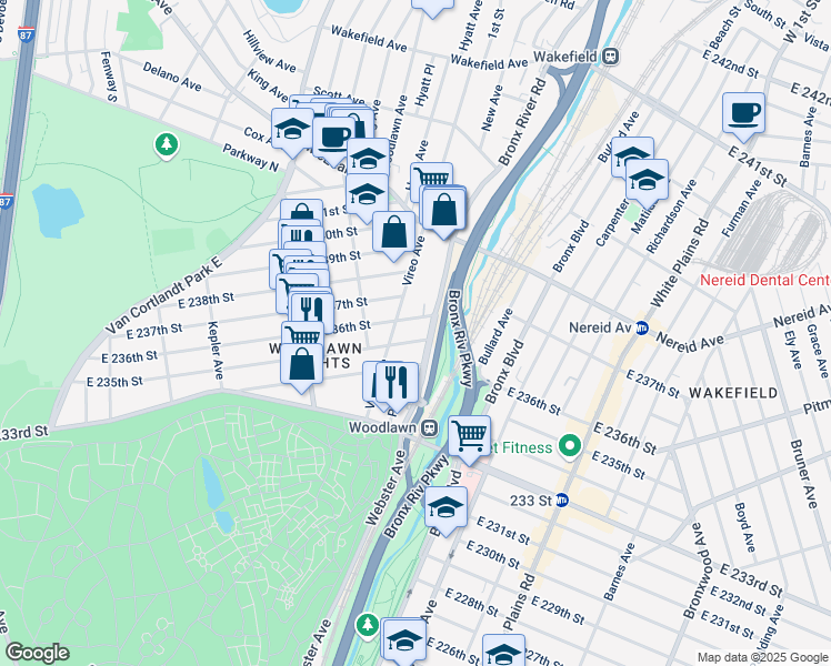 map of restaurants, bars, coffee shops, grocery stores, and more near 517 East 236th Street in Bronx