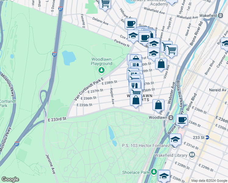 map of restaurants, bars, coffee shops, grocery stores, and more near 210 East 238th Street in The Bronx