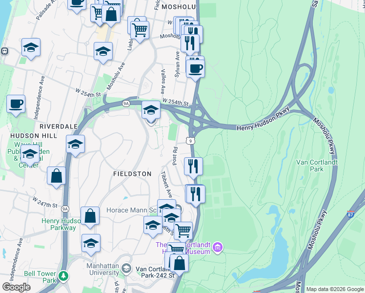 map of restaurants, bars, coffee shops, grocery stores, and more near 6295 U.S. 9 in Bronx