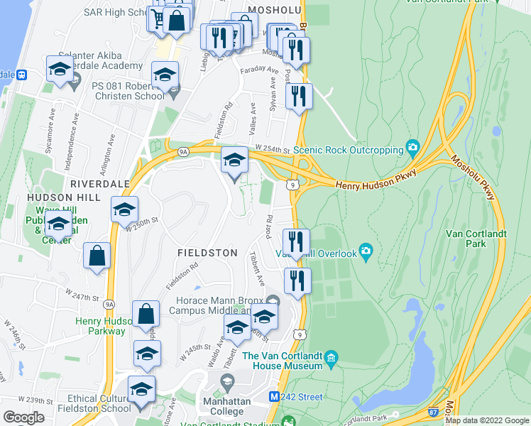 map of restaurants, bars, coffee shops, grocery stores, and more near 5250 Fieldston Road in The Bronx
