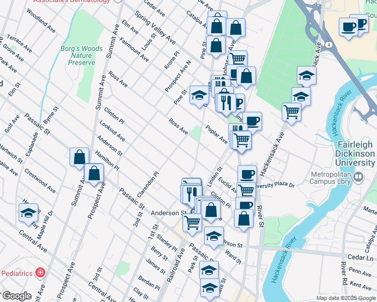 map of restaurants, bars, coffee shops, grocery stores, and more near 121 Ross Avenue in Hackensack