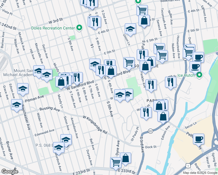 map of restaurants, bars, coffee shops, grocery stores, and more near 530 South 4th Avenue in Mount Vernon