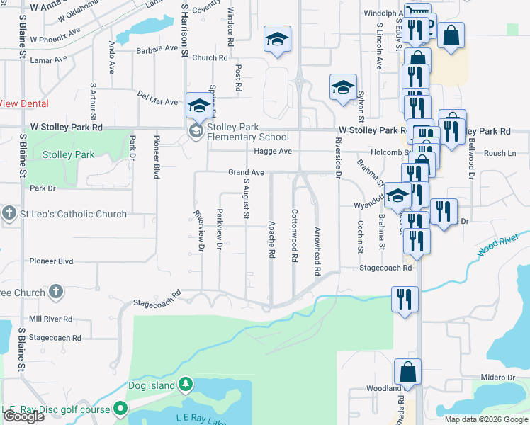 map of restaurants, bars, coffee shops, grocery stores, and more near 2200-2498 Apache Road in Grand Island