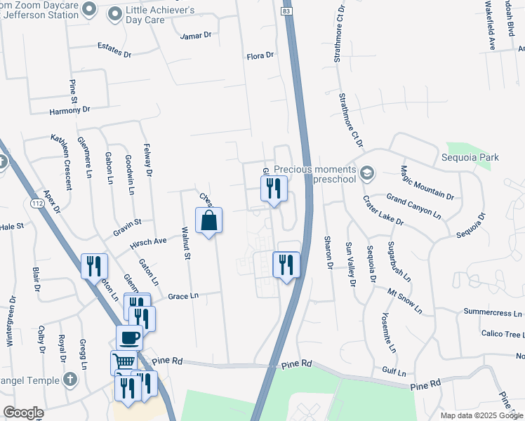 map of restaurants, bars, coffee shops, grocery stores, and more near 4 Redwood Court in Coram