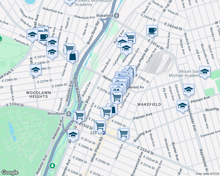 map of restaurants, bars, coffee shops, grocery stores, and more near 4384 Carpenter Avenue in The Bronx