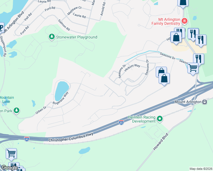 map of restaurants, bars, coffee shops, grocery stores, and more near 36 Mulberry Lane in Mount Arlington