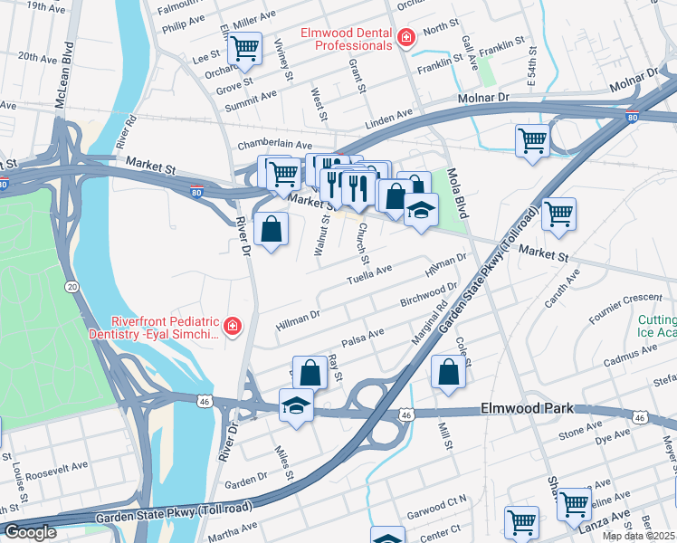 map of restaurants, bars, coffee shops, grocery stores, and more near 33 Walnut Street in Elmwood Park