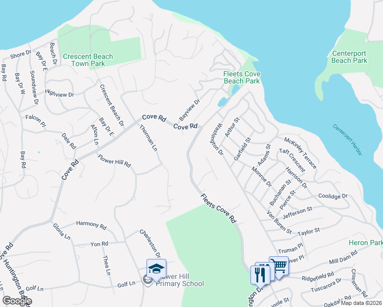 map of restaurants, bars, coffee shops, grocery stores, and more near 115 Fleets Cove Road in Huntington