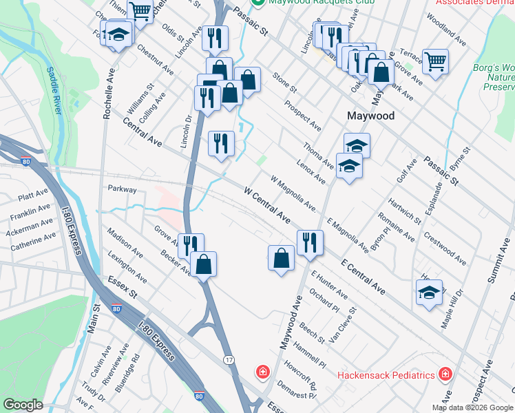 map of restaurants, bars, coffee shops, grocery stores, and more near 121 West Central Avenue in Maywood