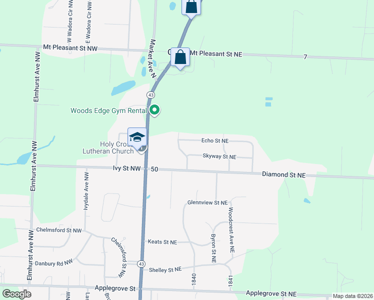 map of restaurants, bars, coffee shops, grocery stores, and more near 1160 Echo Street Northeast in Canton