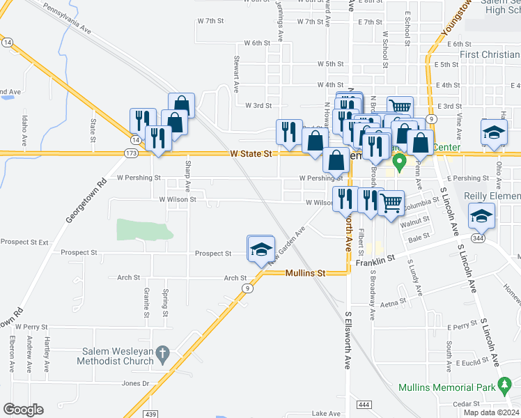 map of restaurants, bars, coffee shops, grocery stores, and more near 435 West Wilson Street in Salem