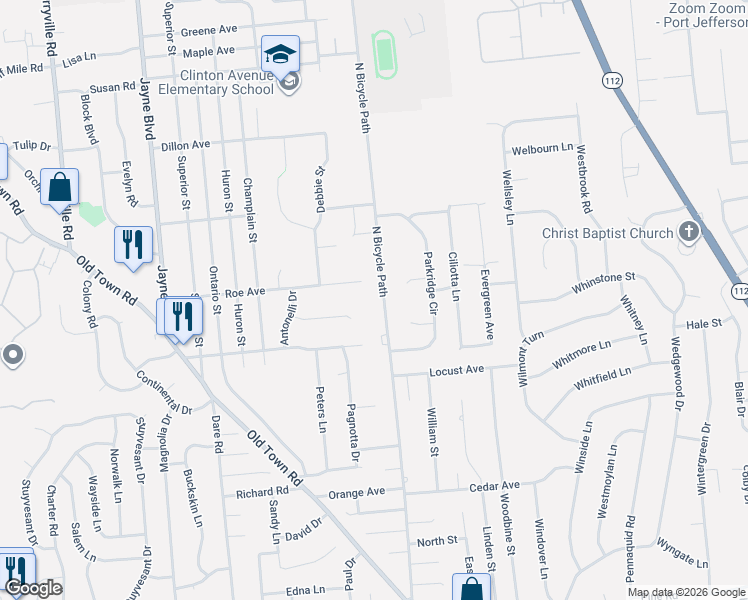 map of restaurants, bars, coffee shops, grocery stores, and more near 448 North Bicycle Path in Port Jefferson Station