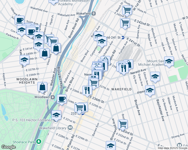 map of restaurants, bars, coffee shops, grocery stores, and more near 665 East 238th Street in Bronx