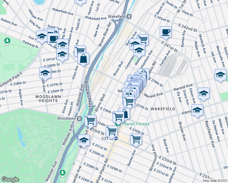 map of restaurants, bars, coffee shops, grocery stores, and more near 4384 Carpenter Avenue in The Bronx