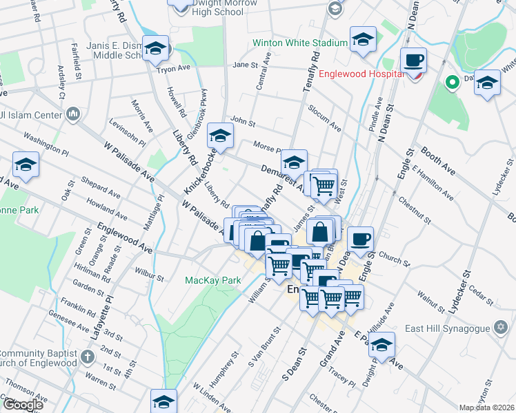 map of restaurants, bars, coffee shops, grocery stores, and more near 125 West End Avenue in Englewood
