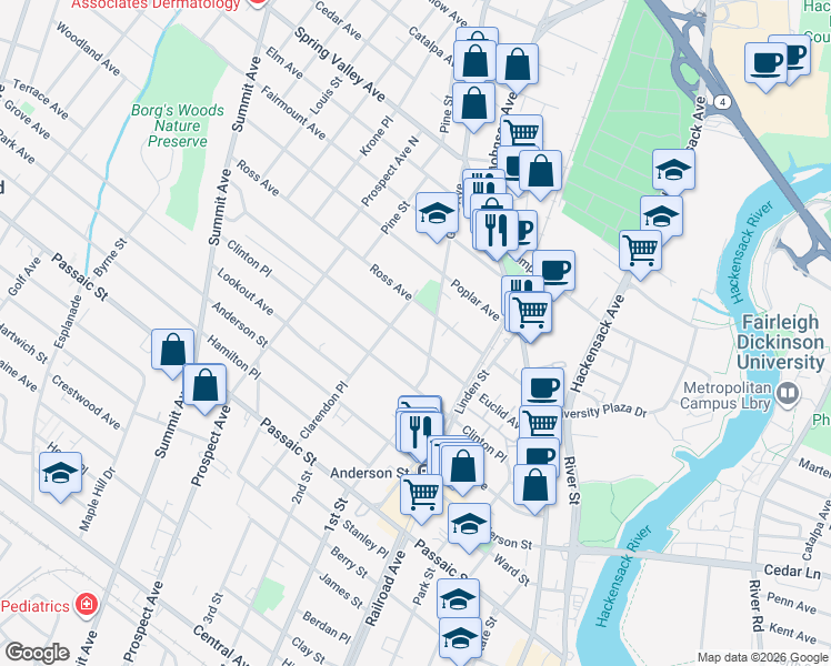 map of restaurants, bars, coffee shops, grocery stores, and more near 121 Ross Avenue in Hackensack