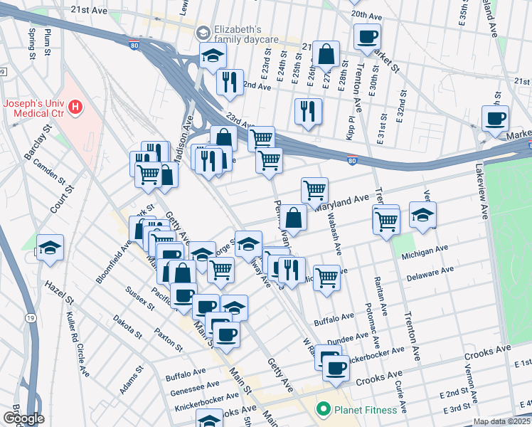 map of restaurants, bars, coffee shops, grocery stores, and more near 50 Alabama Avenue in Paterson