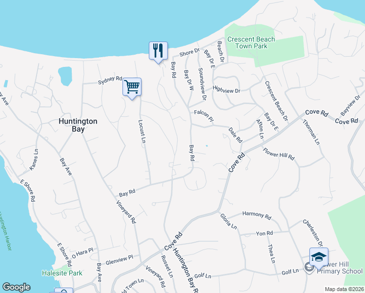 map of restaurants, bars, coffee shops, grocery stores, and more near 264 Huntington Bay Road in Huntington
