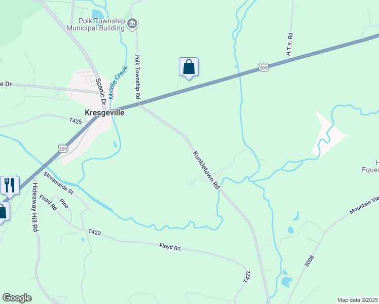 map of restaurants, bars, coffee shops, grocery stores, and more near 913 Silver Spring Boulevard in Kunkletown