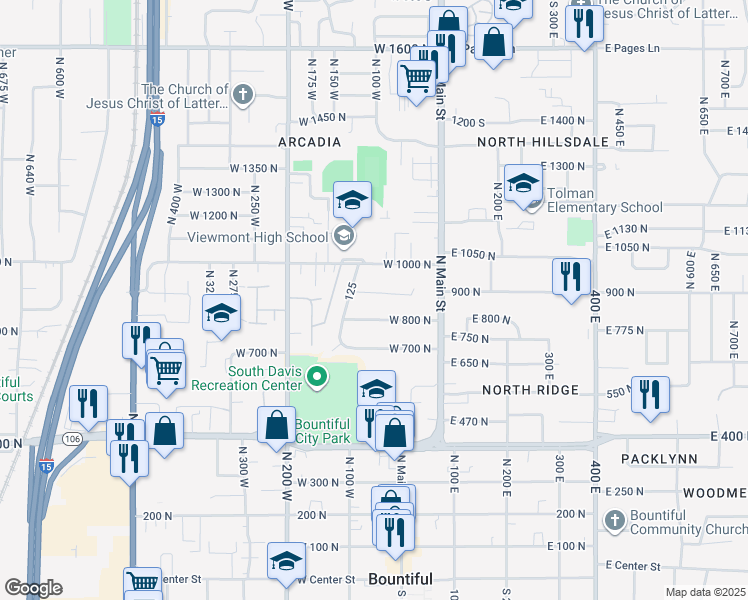 map of restaurants, bars, coffee shops, grocery stores, and more near 81 West 900 North in Bountiful