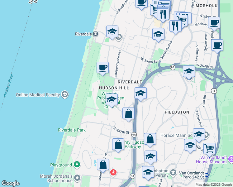 map of restaurants, bars, coffee shops, grocery stores, and more near in The Bronx