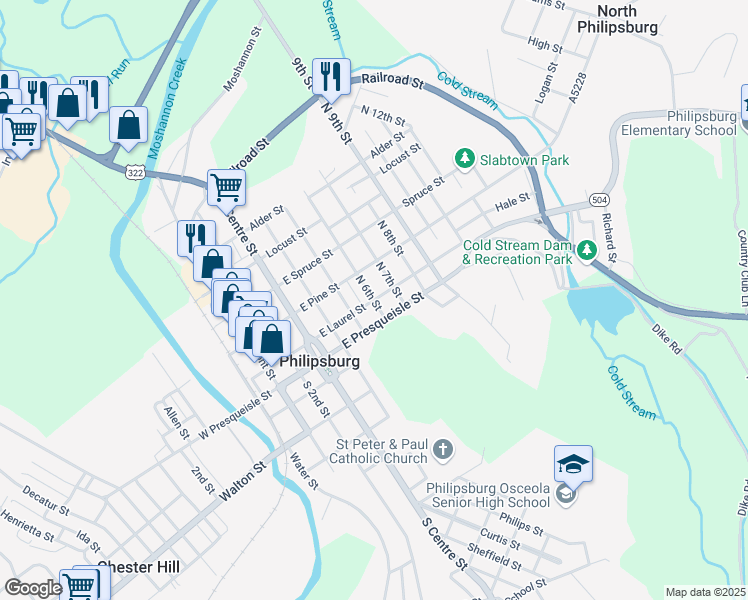 map of restaurants, bars, coffee shops, grocery stores, and more near 100 North 6th Street in Philipsburg