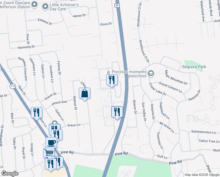 map of restaurants, bars, coffee shops, grocery stores, and more near 4 Sierra Court in Coram