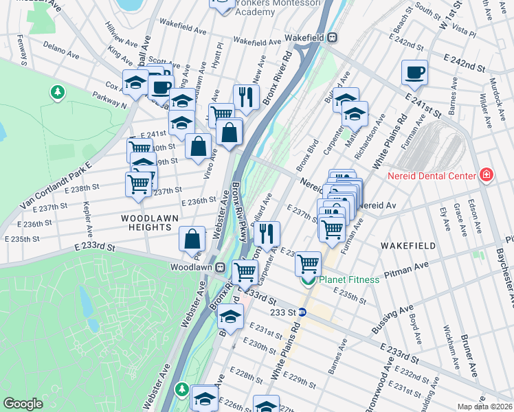 map of restaurants, bars, coffee shops, grocery stores, and more near 4341 Bullard Avenue in The Bronx