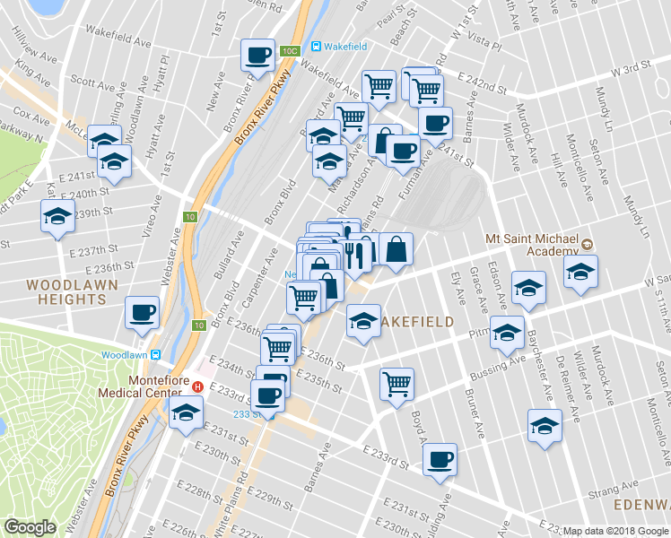 map of restaurants, bars, coffee shops, grocery stores, and more near Nereid Avenue in Bronx