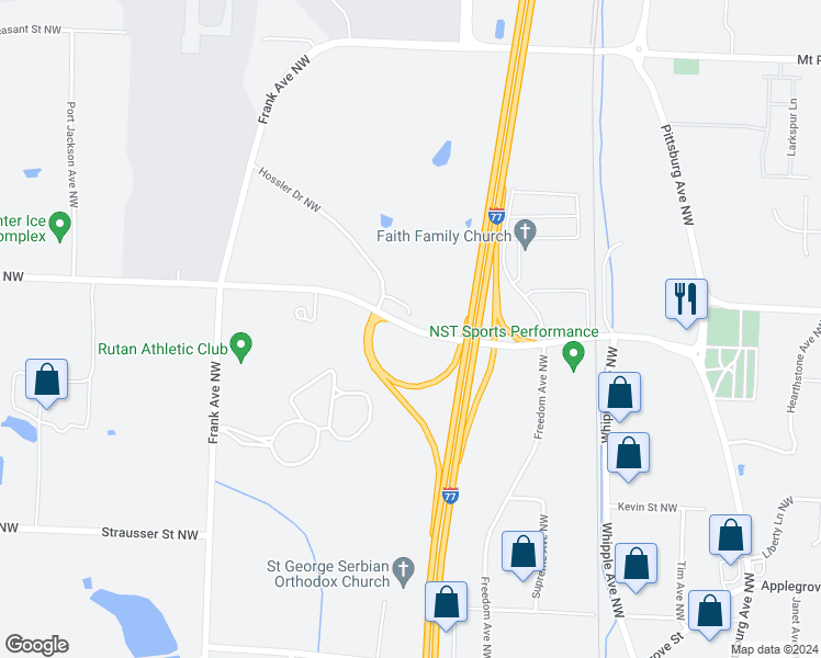 map of restaurants, bars, coffee shops, grocery stores, and more near 4856 Shuffel Street Northwest in North Canton