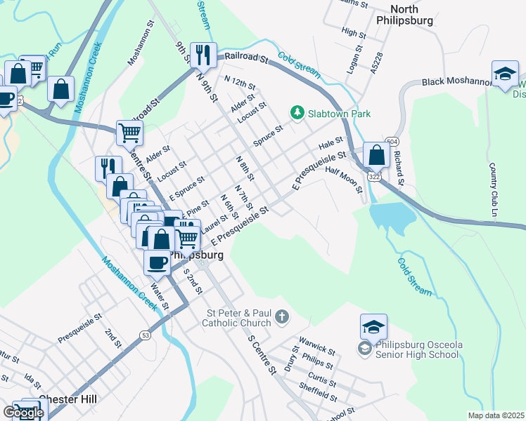 map of restaurants, bars, coffee shops, grocery stores, and more near East Presqueisle Street in Philipsburg