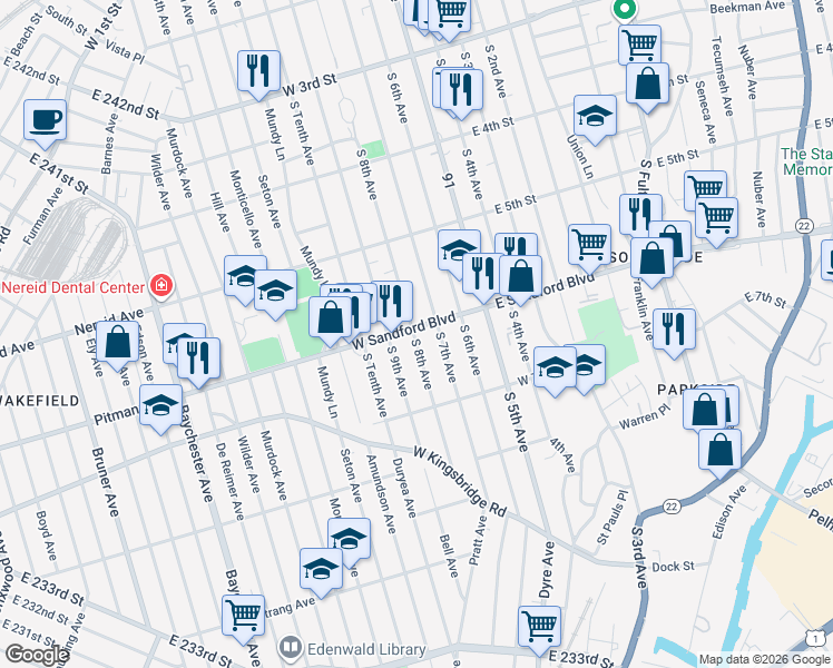 map of restaurants, bars, coffee shops, grocery stores, and more near 461 South 8th Avenue in Mount Vernon