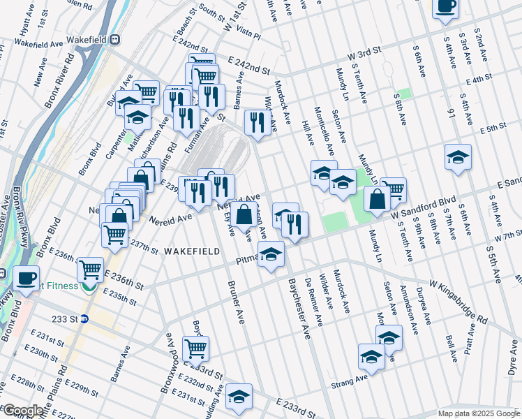 map of restaurants, bars, coffee shops, grocery stores, and more near 1960 Nereid Avenue in Bronx