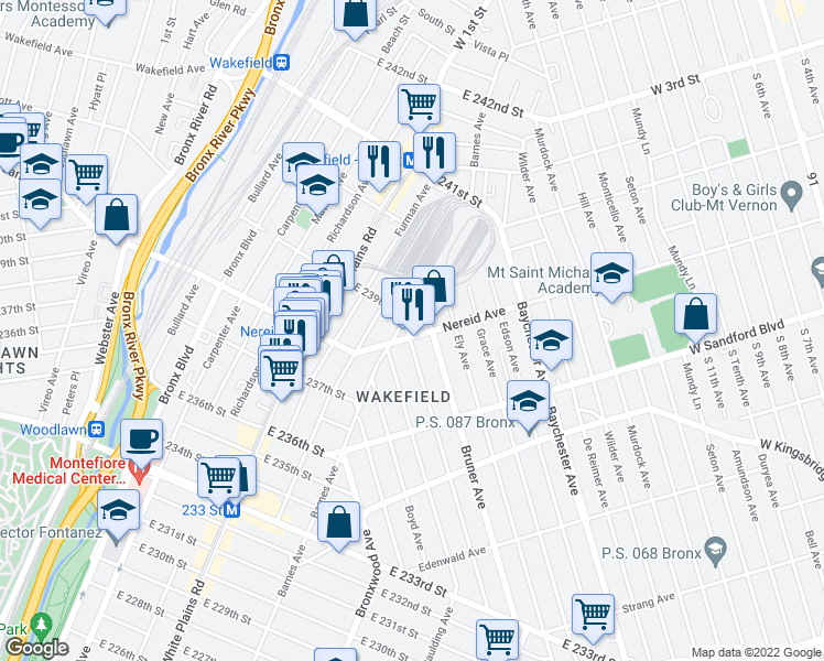 map of restaurants, bars, coffee shops, grocery stores, and more near in The Bronx