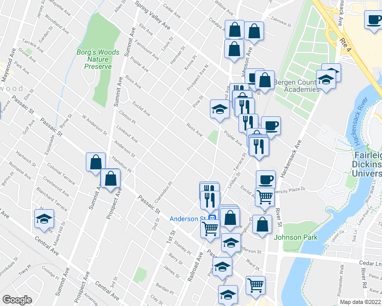 map of restaurants, bars, coffee shops, grocery stores, and more near 176 Euclid Avenue in Hackensack