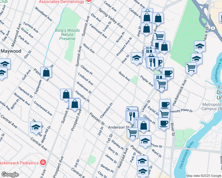 map of restaurants, bars, coffee shops, grocery stores, and more near 228 Clinton Place in Hackensack