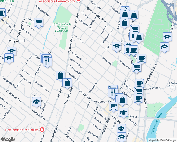 map of restaurants, bars, coffee shops, grocery stores, and more near 512 Prospect Avenue in Hackensack