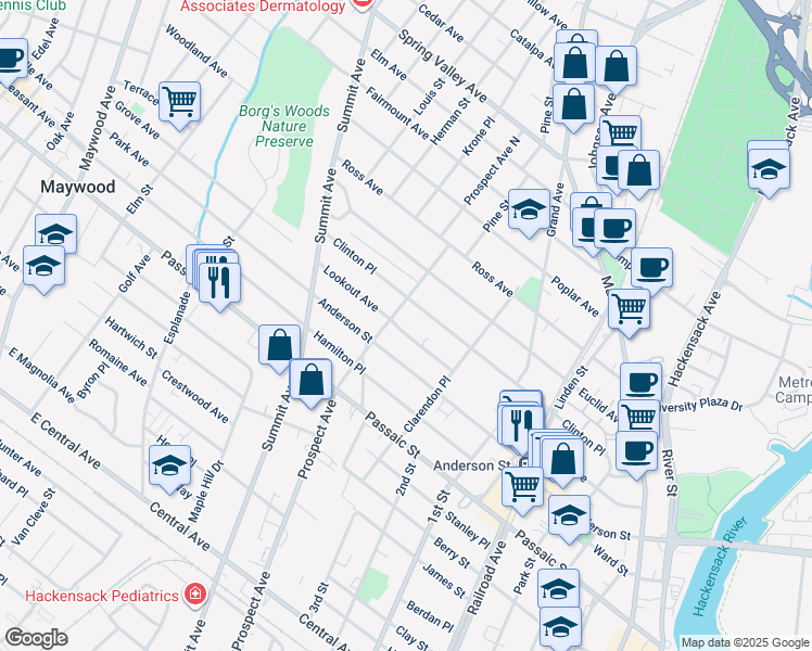 map of restaurants, bars, coffee shops, grocery stores, and more near 512 Prospect Avenue in Hackensack