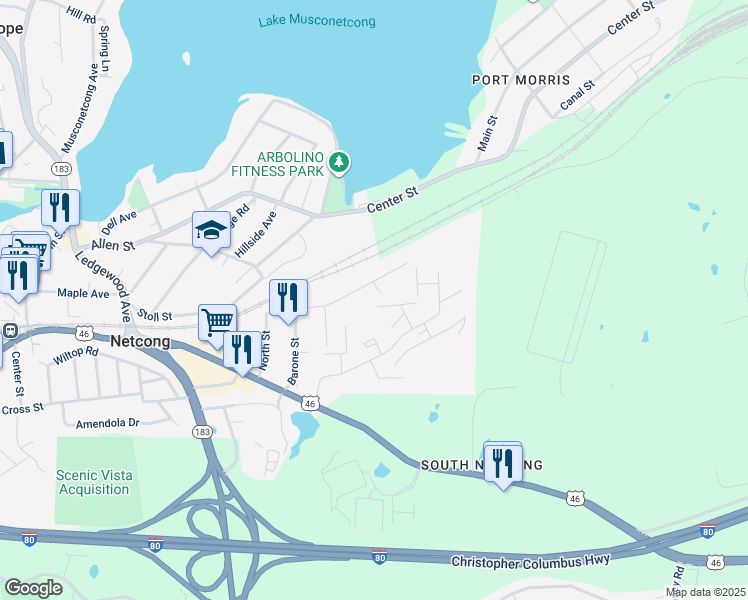 map of restaurants, bars, coffee shops, grocery stores, and more near 50 West Railroad Avenue in Netcong