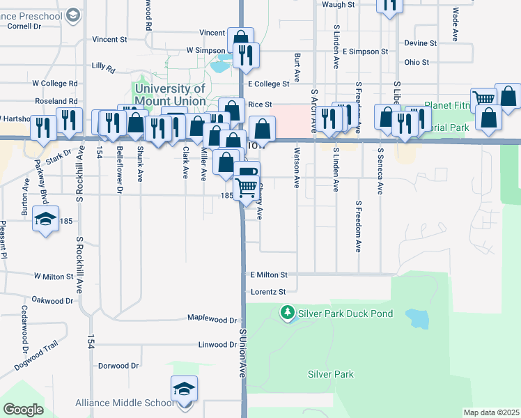 map of restaurants, bars, coffee shops, grocery stores, and more near 2245 Cherry Avenue in Alliance