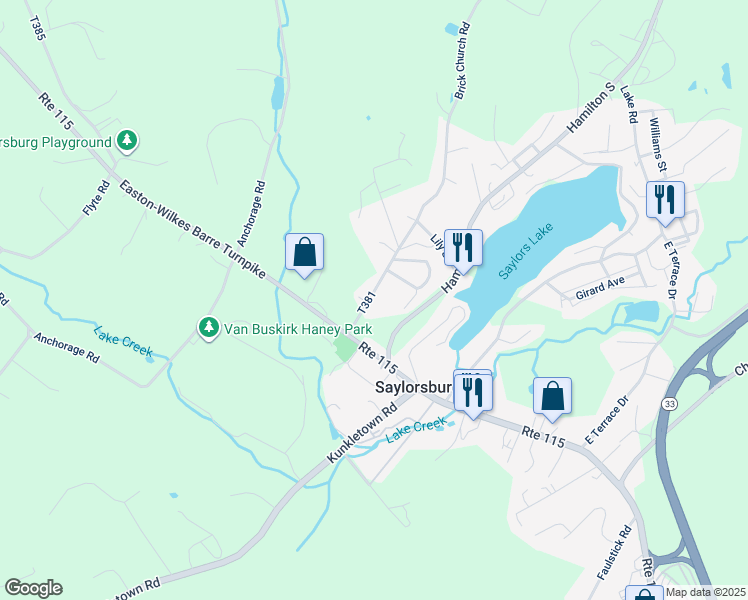 map of restaurants, bars, coffee shops, grocery stores, and more near 112 Brick Church Road in Saylorsburg