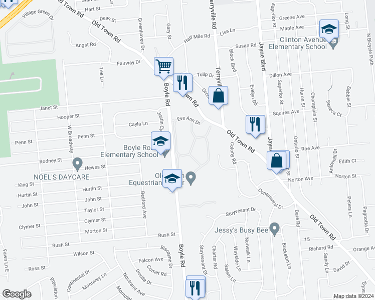 map of restaurants, bars, coffee shops, grocery stores, and more near 904 Constance Lane in Port Jefferson Station