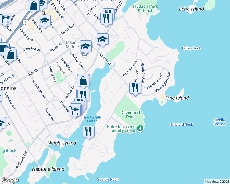 map of restaurants, bars, coffee shops, grocery stores, and more near 25 Gail Drive in New Rochelle