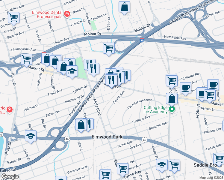 map of restaurants, bars, coffee shops, grocery stores, and more near 430 Market Street in Elmwood Park