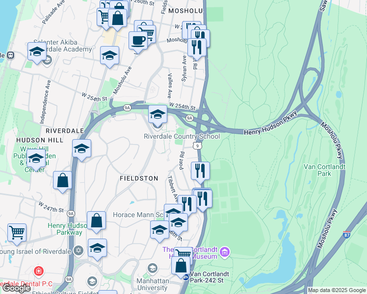 map of restaurants, bars, coffee shops, grocery stores, and more near Post Road & Lakeview Place in Bronx