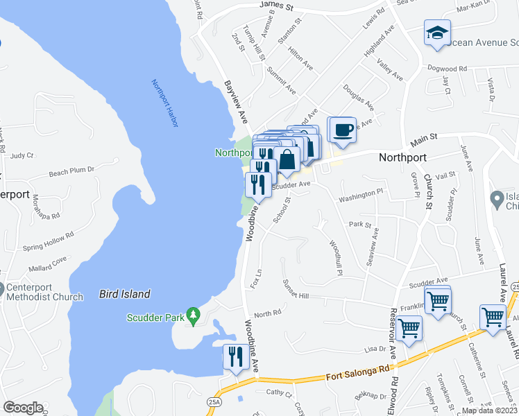 map of restaurants, bars, coffee shops, grocery stores, and more near 75 Woodbine Avenue in Northport