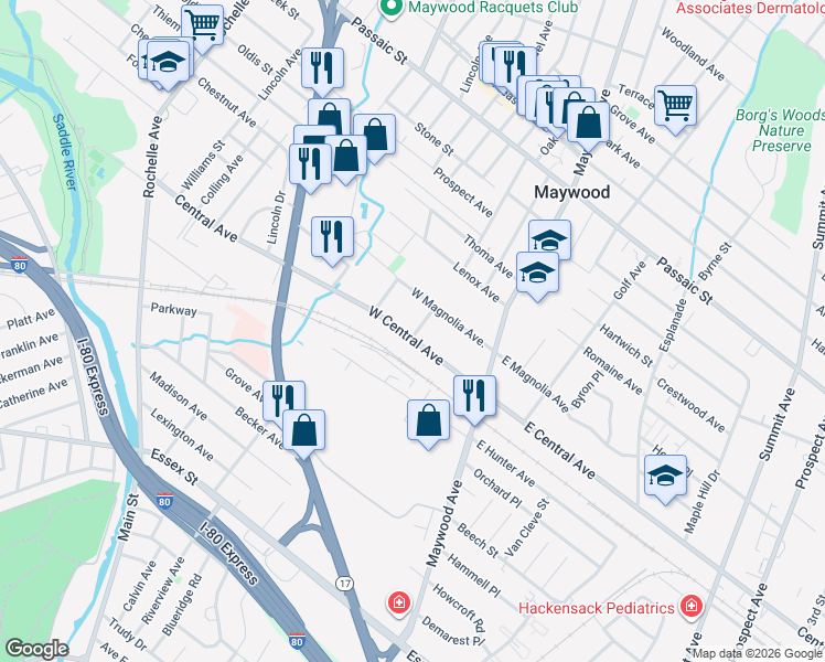 map of restaurants, bars, coffee shops, grocery stores, and more near 121 West Central Avenue in Maywood
