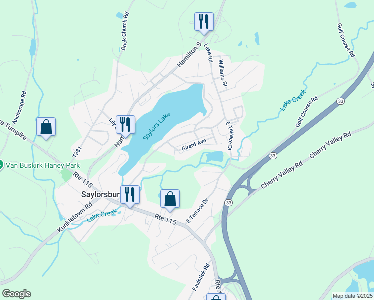 map of restaurants, bars, coffee shops, grocery stores, and more near 611 McCabe Lane in Saylorsburg