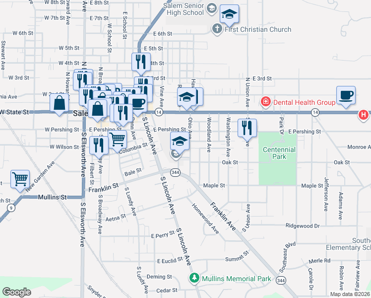 map of restaurants, bars, coffee shops, grocery stores, and more near 315 Ohio Avenue in Salem